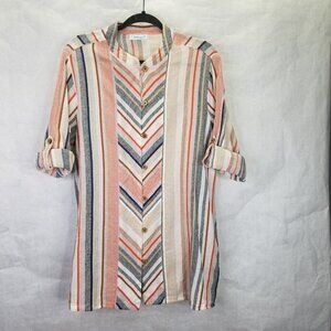 National Linen Tunic L Button Up Camp Shirt Chevron Mandarin Collar Wood Button